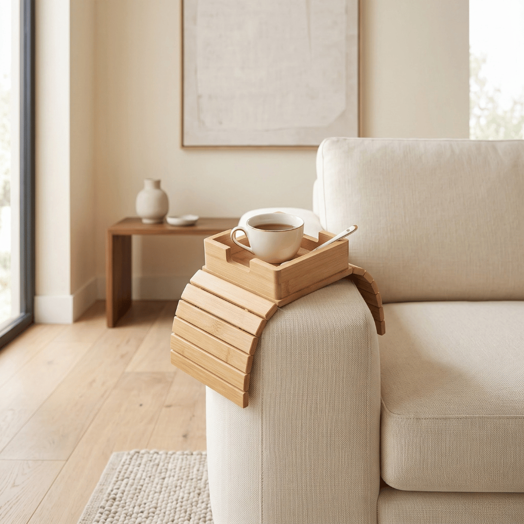 Natural Bamboo Sofa Armrest Tray Table with Storage Slots and Mug Holder