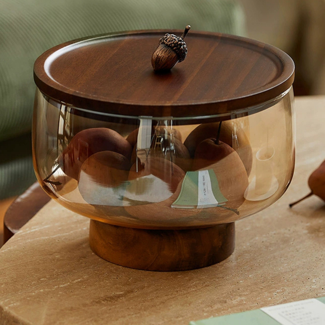 Homero Multi-Use Transparent Glass Storage Fruit Tray with Acorn Handle Design Wooden Lid