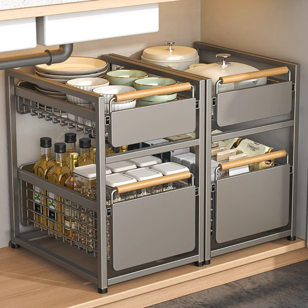 Double Layer Pull Out Under Sink Storage Rack with Wooden Handle