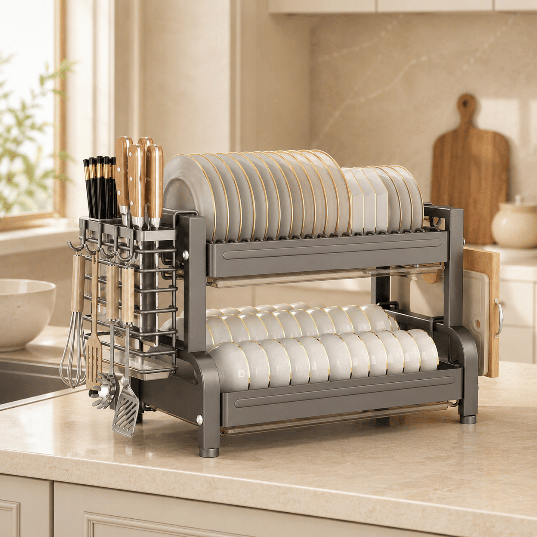 Two Tier Carbon Steel Dish Drying Rack with Knife Holder and Drip Trays