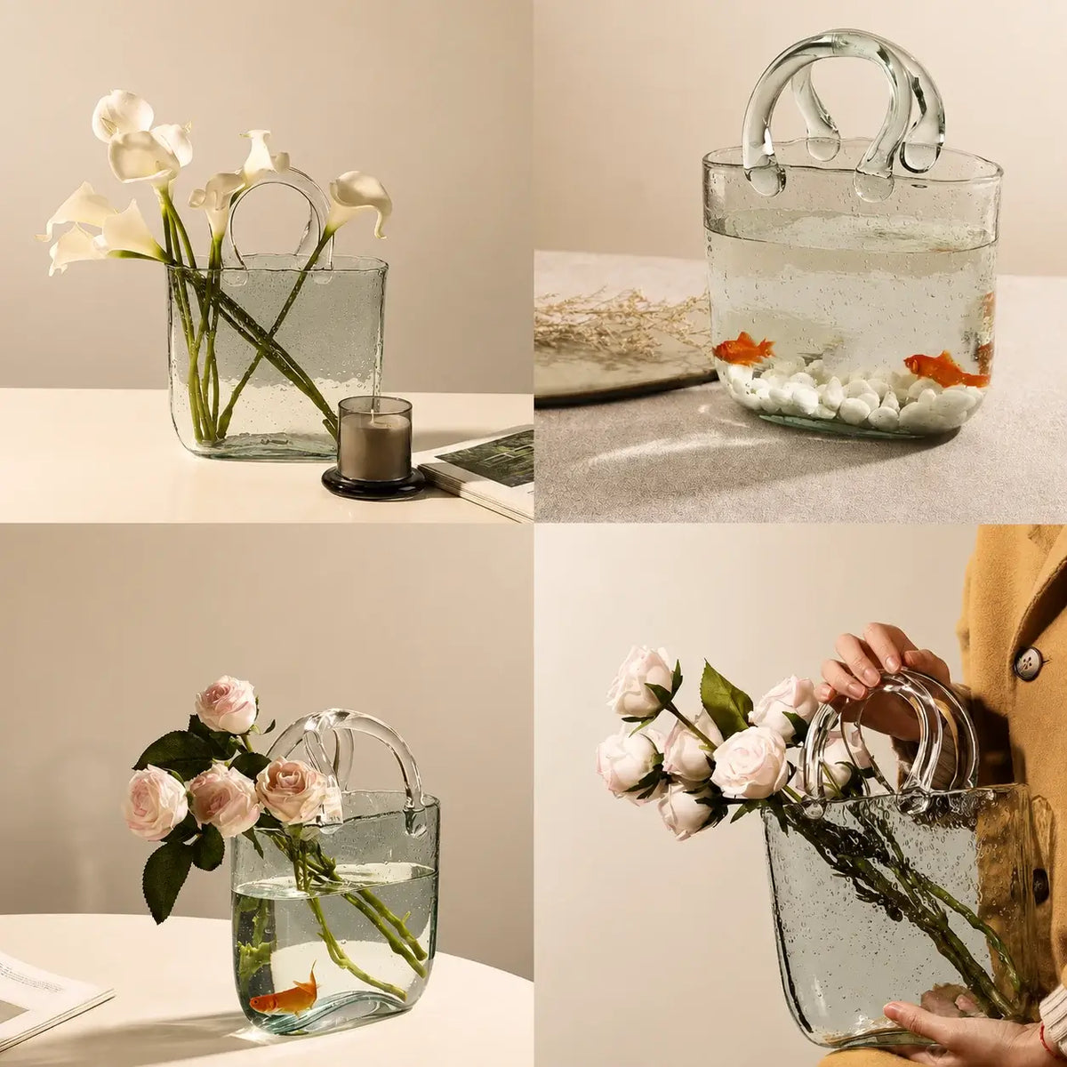 Homero Transparent Hand Blown Glass Vase with Elegant Purse Design