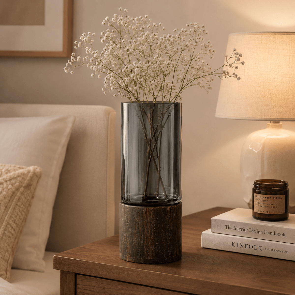 Homero Cylinder Vases with Wooden Base for Home Decor