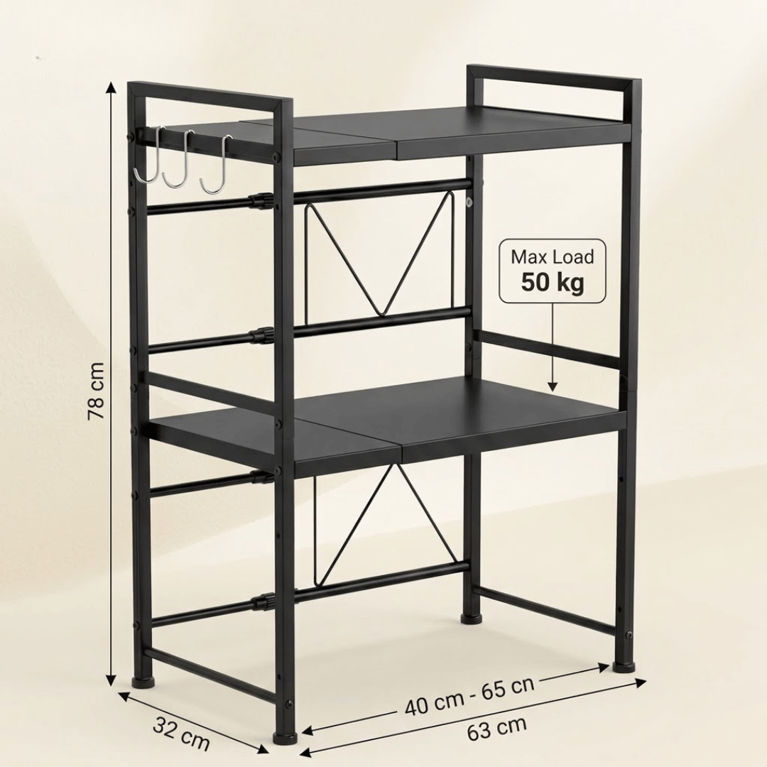 Two Tier Adjustable Microwave Oven Shelf Kitchen Counter Organizer with Hooks