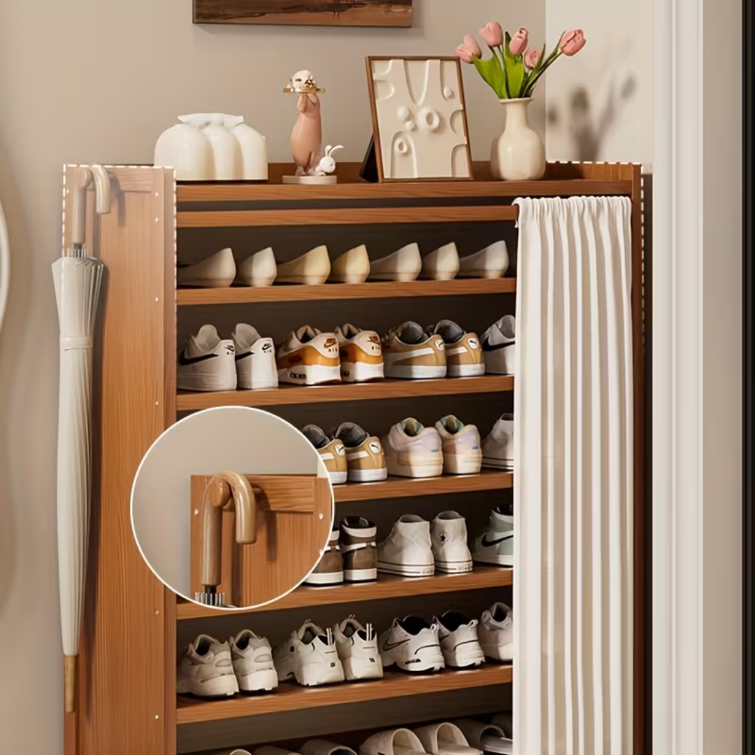 Multi Layer Bamboo Shoe Rack Cabinet with Dustproof Curtain