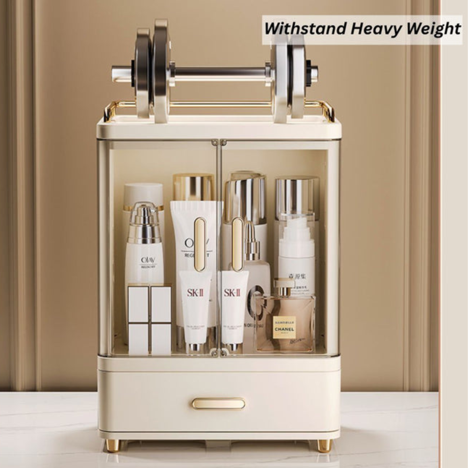 Multipurpose Makeup Organizer Cabinet With Transparent Double Doors And Drawer Storage