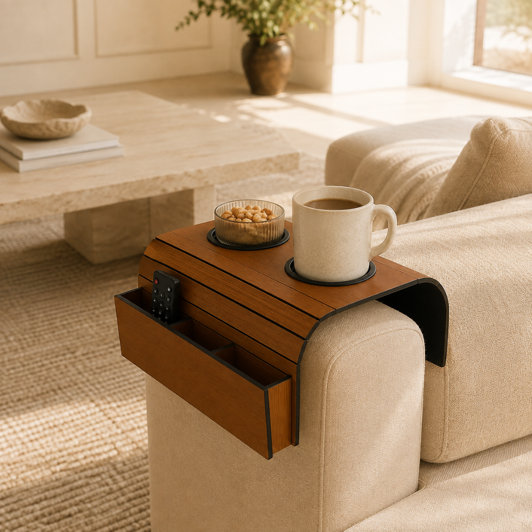Flexible Wooden Sofa Armrest Tray Table With Dual Cup Holders And Remote Storage