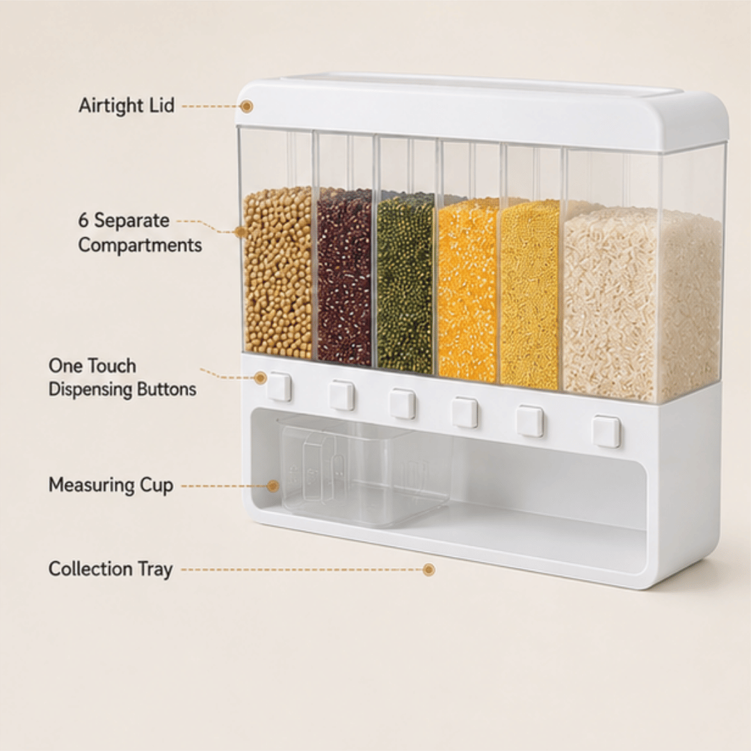 Six Compartment Airtight One Touch Grain Dispenser Storage Container With Measuring Cup