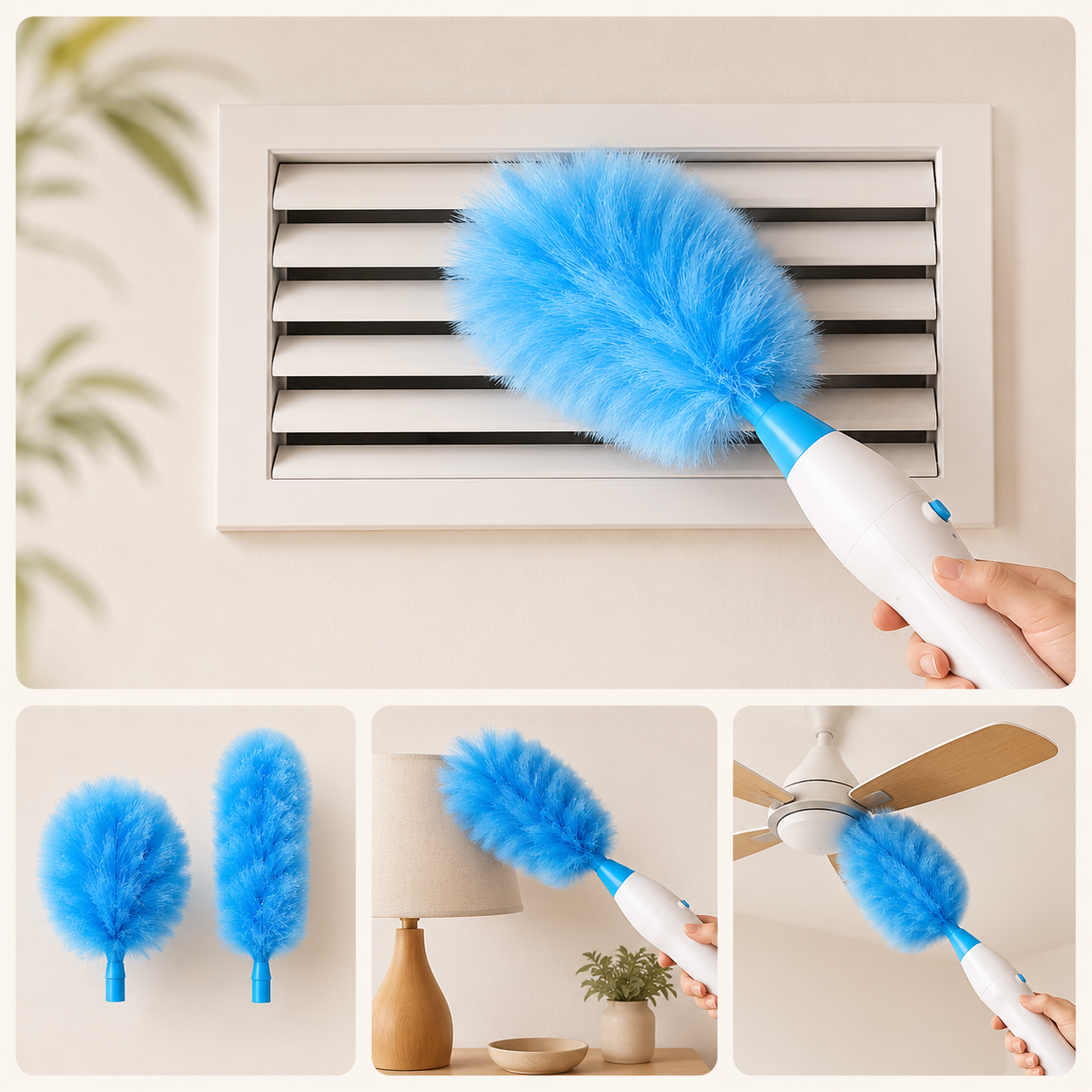 Extendable Electric Spin Feather Duster with Dual Brush Heads