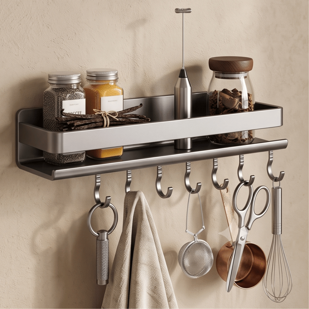 Wall Mounted Kitchen Spice Rack Organizer with Hooks