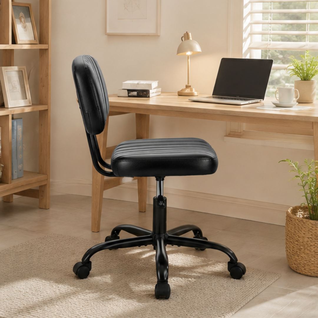 Ergonomic PU Leather Lumbar Support Armless Office Chair with Rolling Base