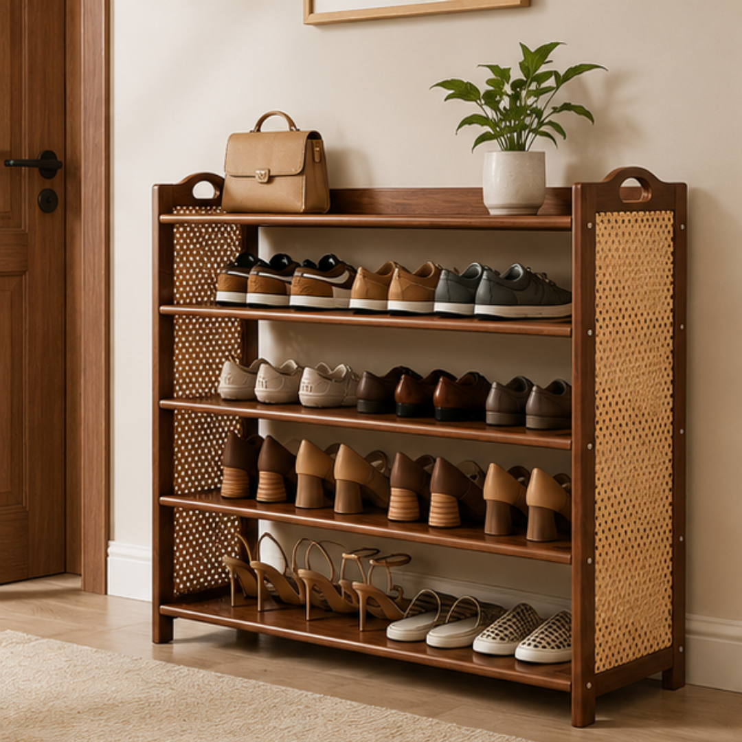 5 Tier Bamboo Shoe Rack with Woven Rattan Panels