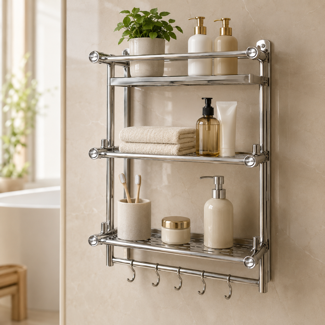 Heavy Duty Stainless Steel Bathroom Storage Rack With Towel Bar
