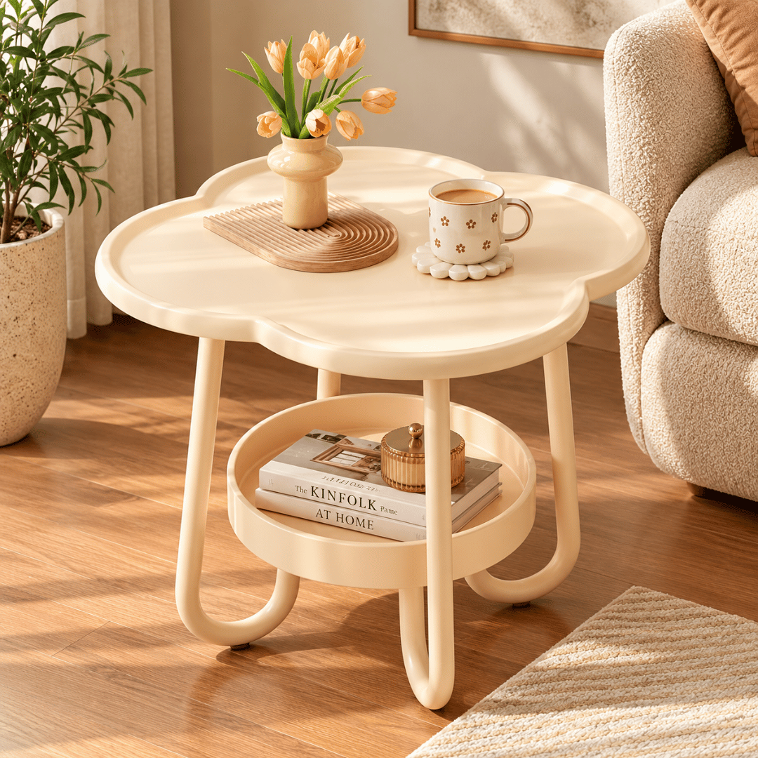 Modern Flower Shaped Two Tier Side Table with Storage Tray