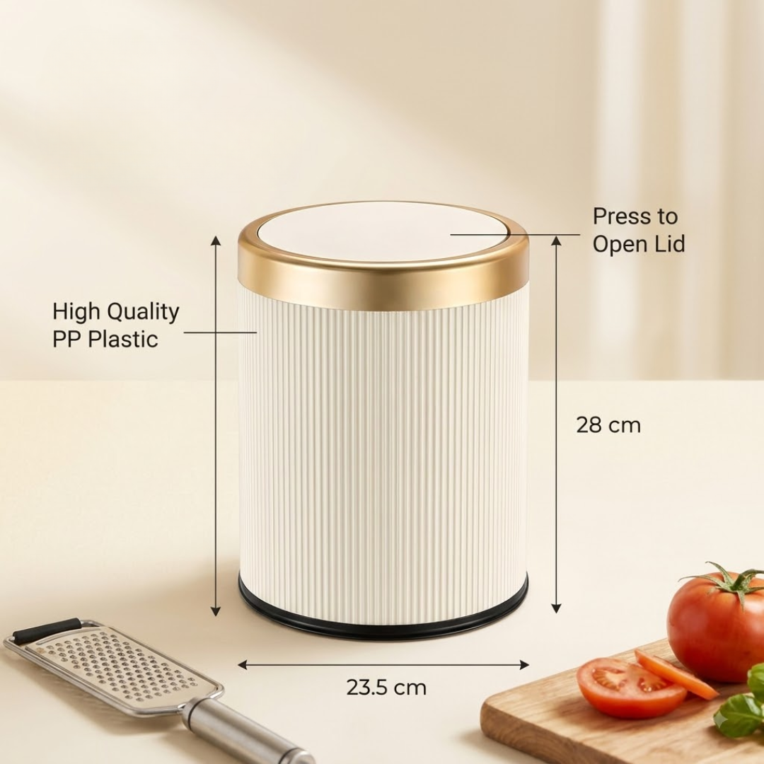 Modern Cream White Dustbin with Inner Bucket and Gold Accents (8L)