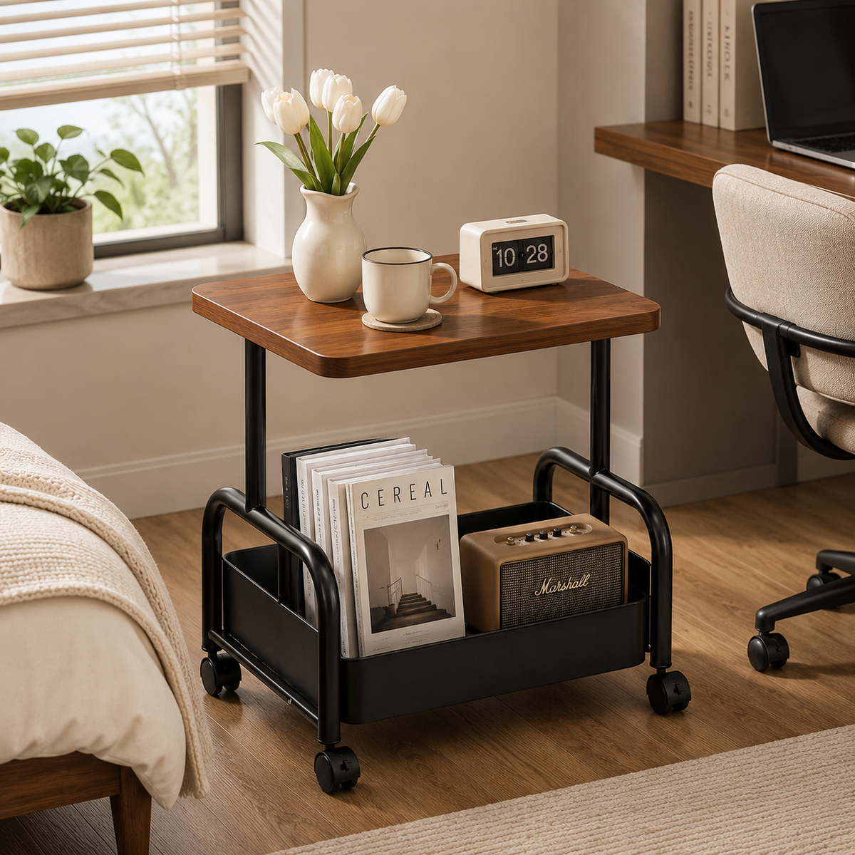 2-Tier Multi Purpose Utility Trolley Table with 360° Wheels