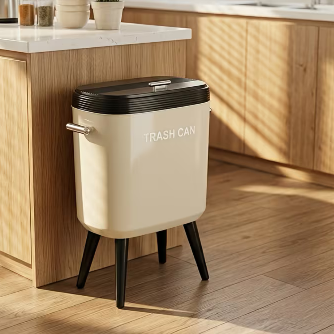 Retro Standing Slim Legged Trash Can with Lid - Cream