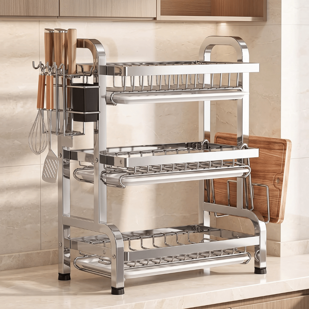 Multifunctional Three Layer Countertop Dish Organizer With Drain Trays