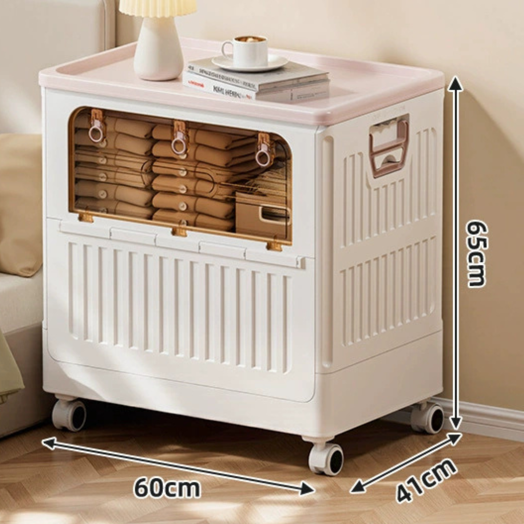 Portable Plastic Clothing Storage Cabinet with Clear Front Opening and Rolling Casters