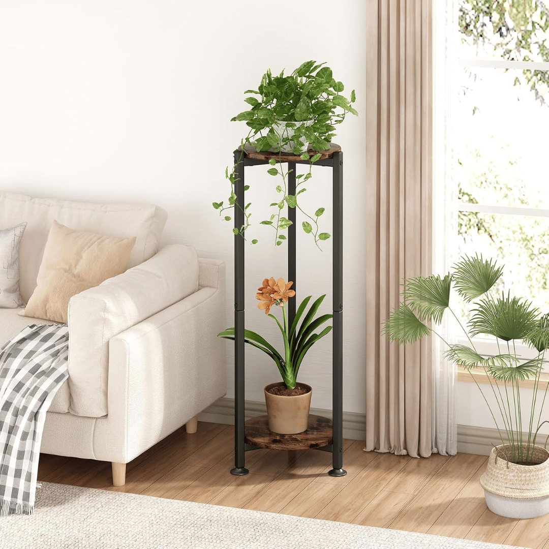 Two Tier Round Plant Stand with Oak Finish Shelves and Metal Frame