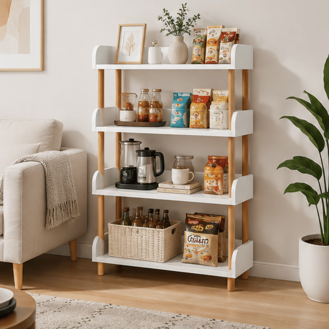 Elegant Floor Standing Display Shelf with Upright Storage and Beech Wood Legs