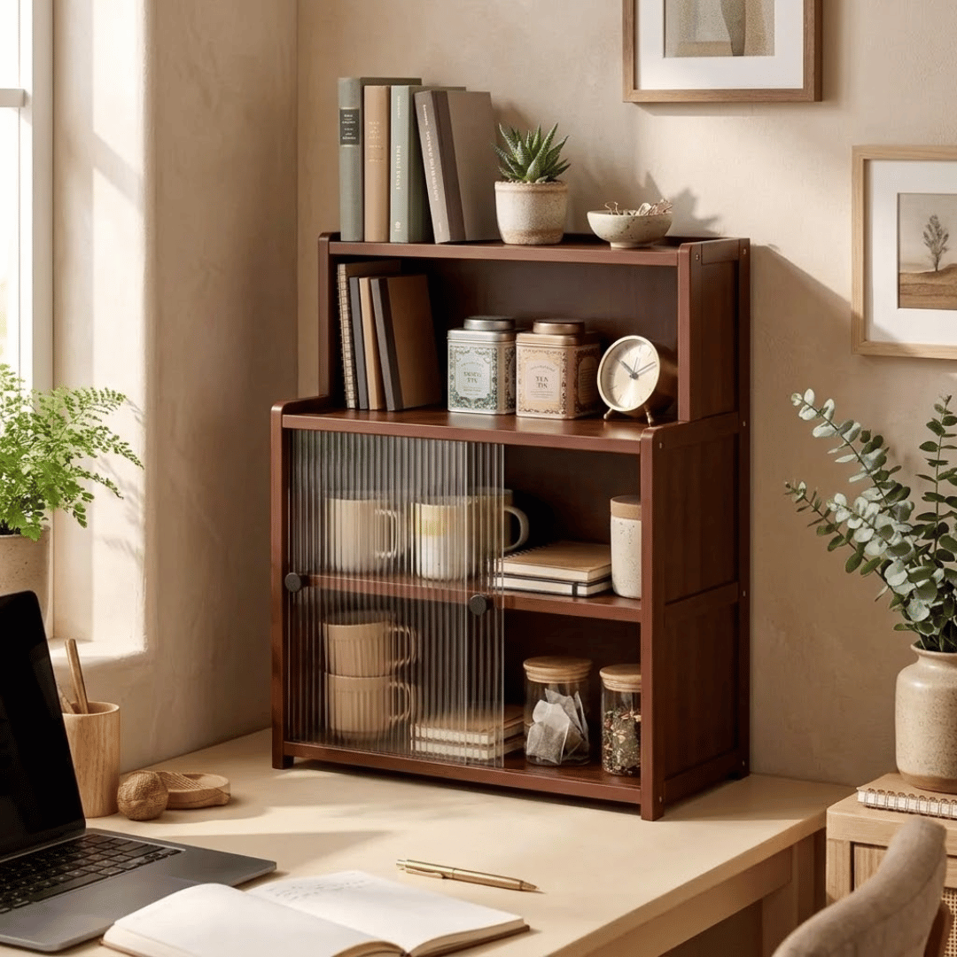 Premium Wooden Countertop Organizer with Open Shelf and Dust Protected Sliding Compartments