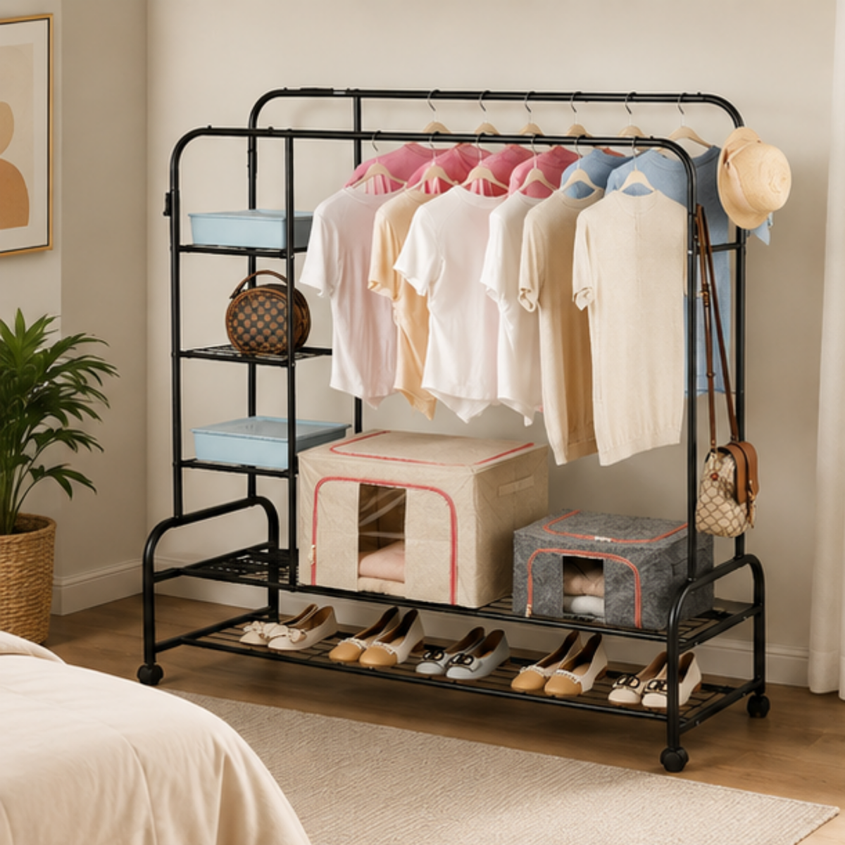 Multifunctional Double Rail Garment Shoe Rack With Wheels