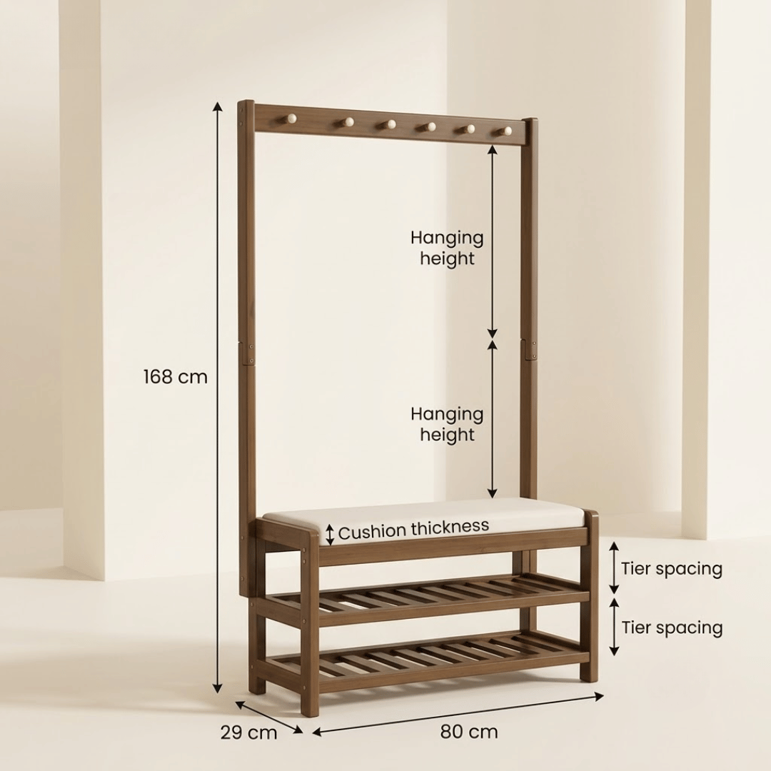 Multi Functional Bamboo Clothes Rack with Shoes Organizer Bench