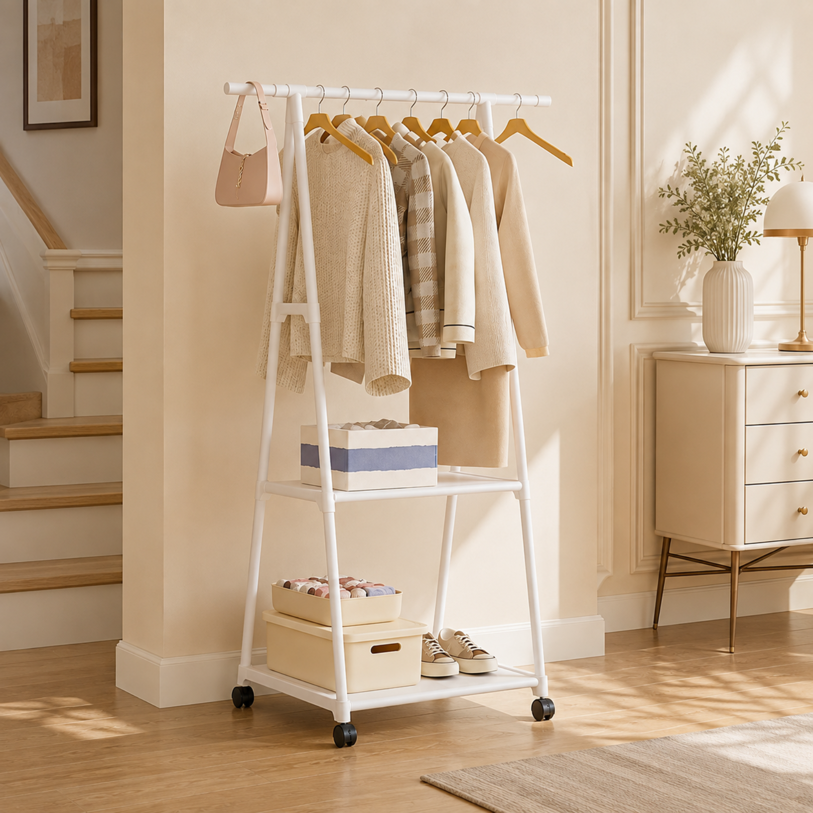 Multi Functional Metal Clothes Rack with Storage Shelves and Wheel