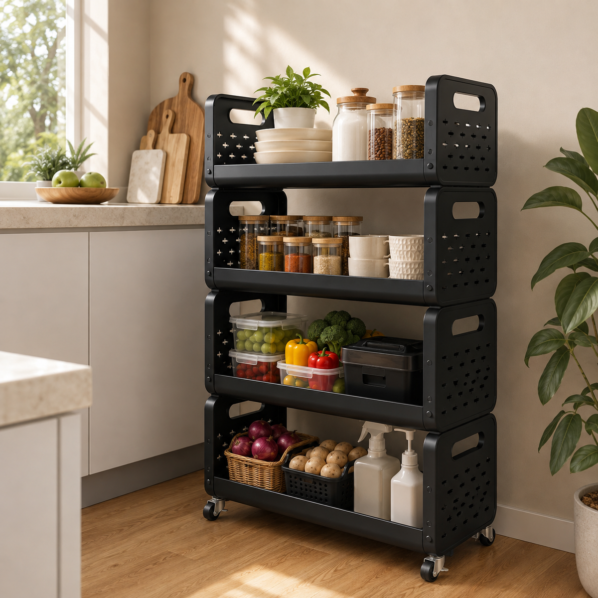 HOMERO Space Saving Utility Storage Rack with Wheels and Ventilated Shelves 4 Layer
