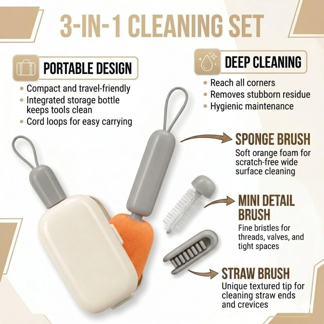 3 in 1 Telescopic Cup Cleaning Brush Set with Storage Case