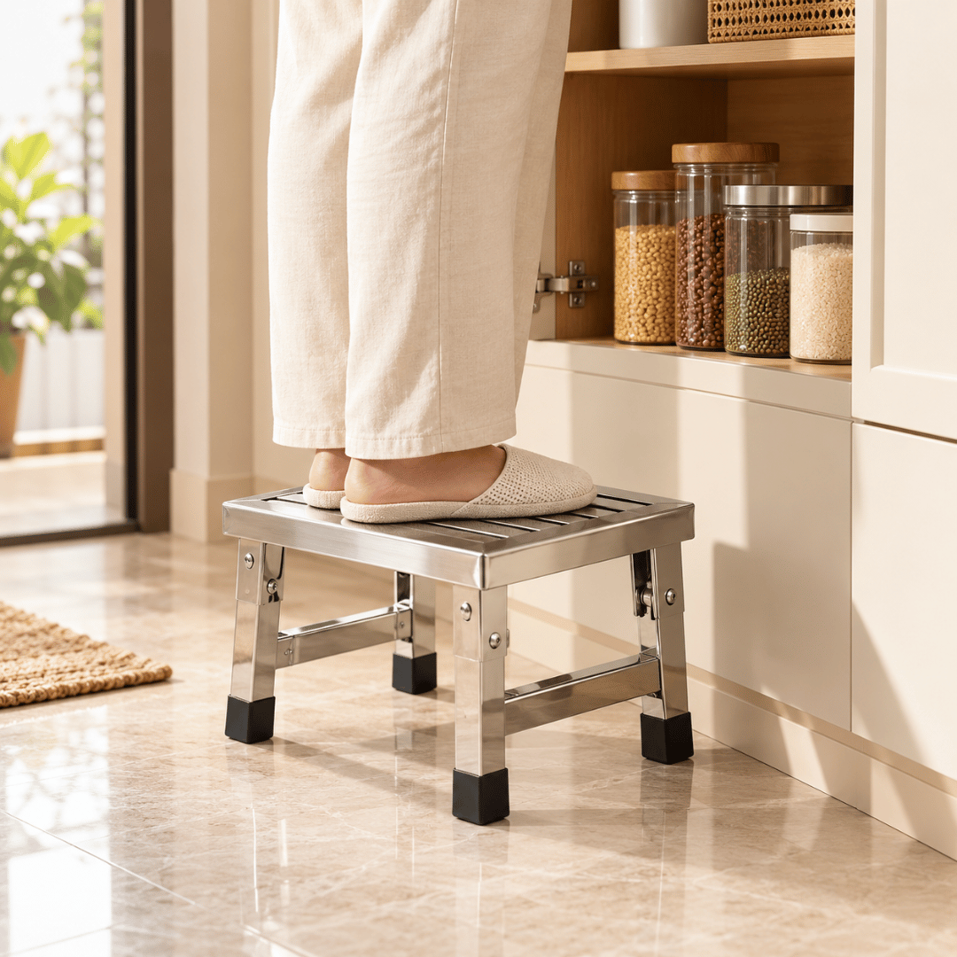 Premium Stainless Steel Folding Step Stool with Anti Slip Rubber Feet