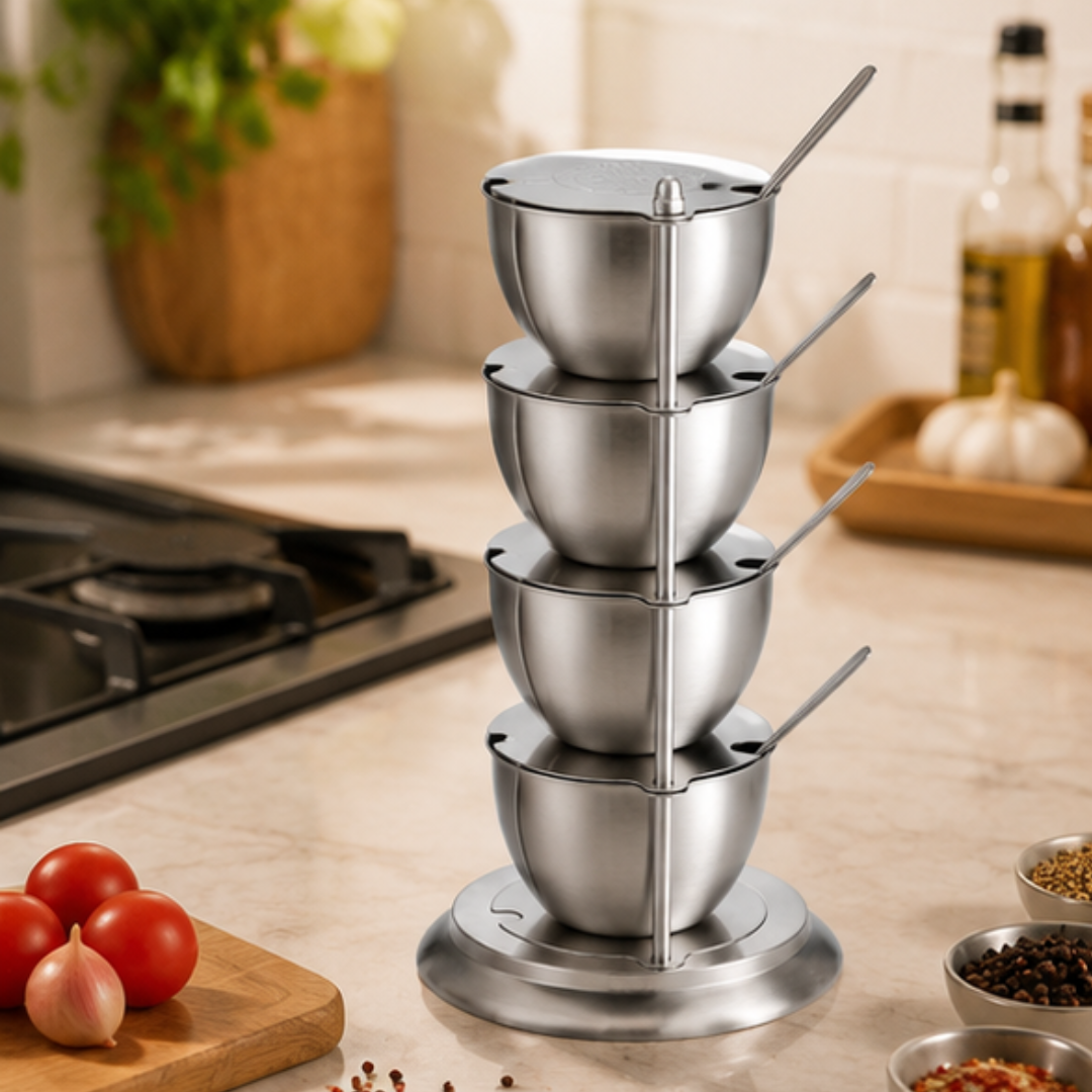 360° Rotating Stainless Steel Seasoning Container Set with Spoons