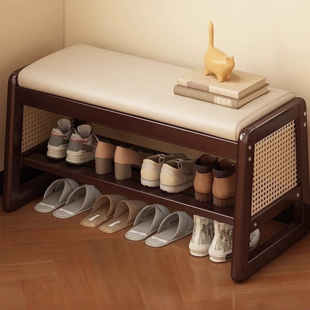 HOMERO Elegant Rattan Design Premium Wooden Shoe Storage Bench - 2 Tier