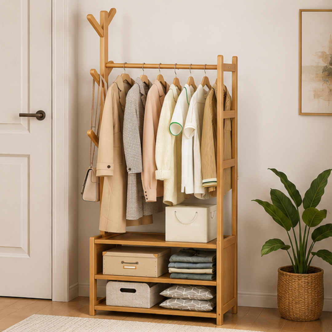 Modern Wooden Garment Rack with Storage Shelves Clothes Organizer