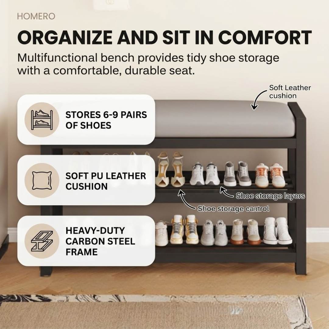 Multifunctional Carbon Steel Shoe Bench Rack with PU Leather Cushion