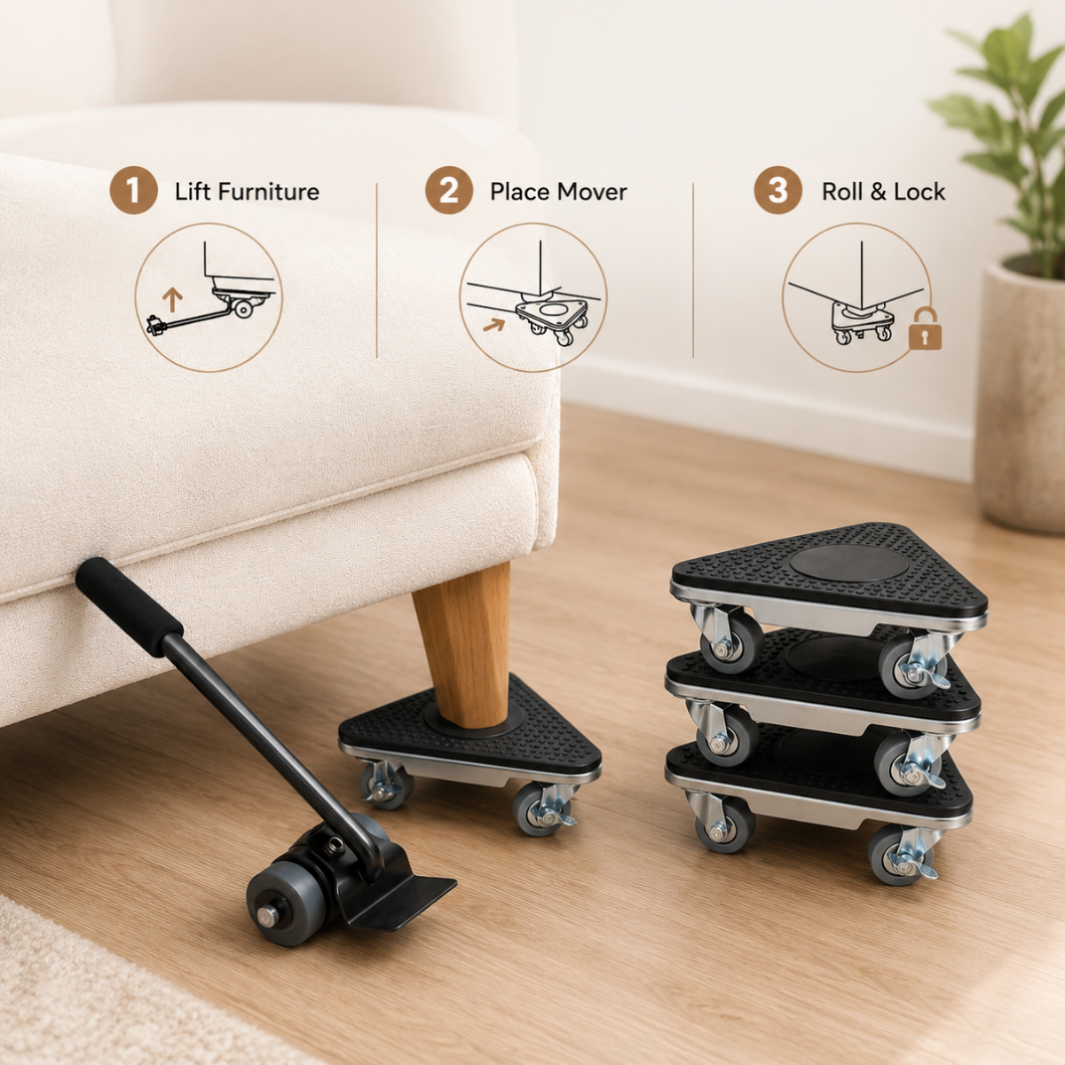 Heavy Duty Furniture Mover Tool Kit with Lifter and Lockable Wheels (4 Piece)