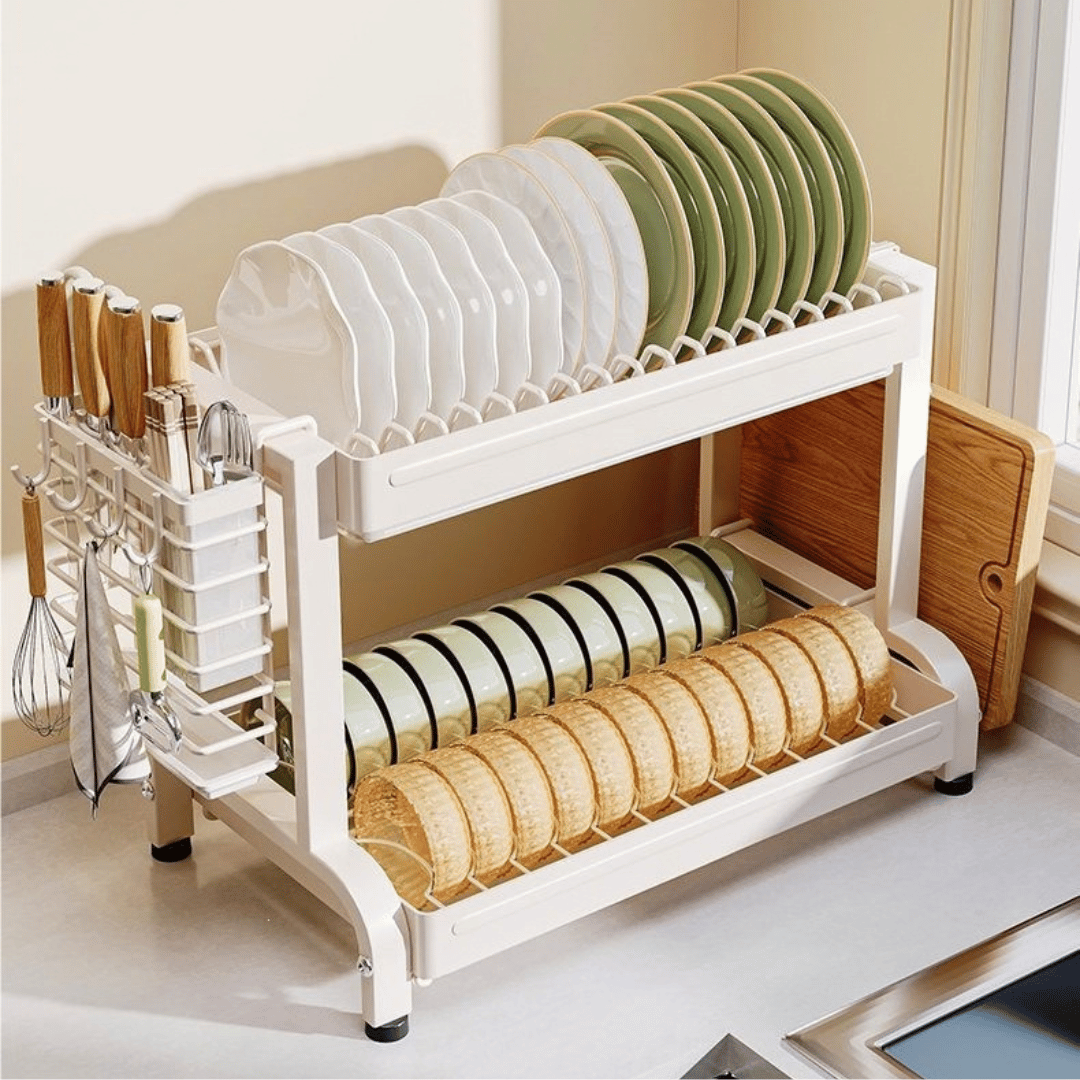 Premium Multi Layer Kitchen Dish Drying Rack with Cutting Board and Cutlery Storage