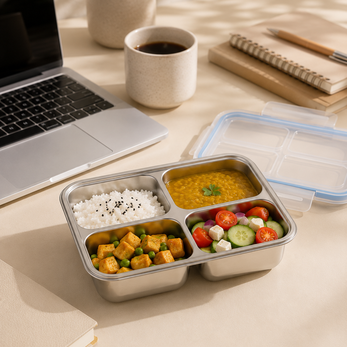 Stainless Steel 4 Compartment Airtight Lunch Box - 720ML