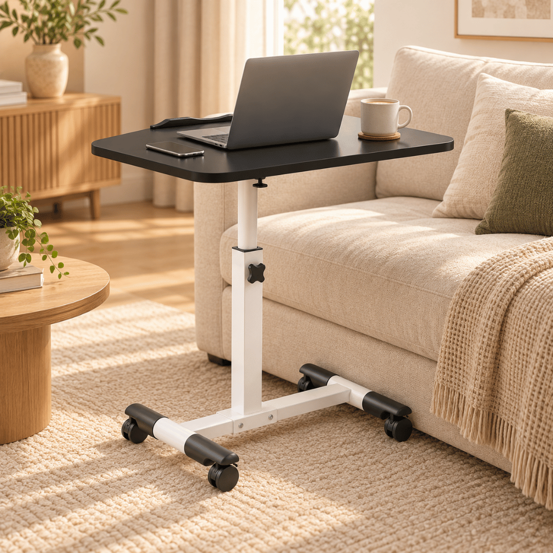 Height Adjustable Laptop Table with Wheels & Rotating Tabletop