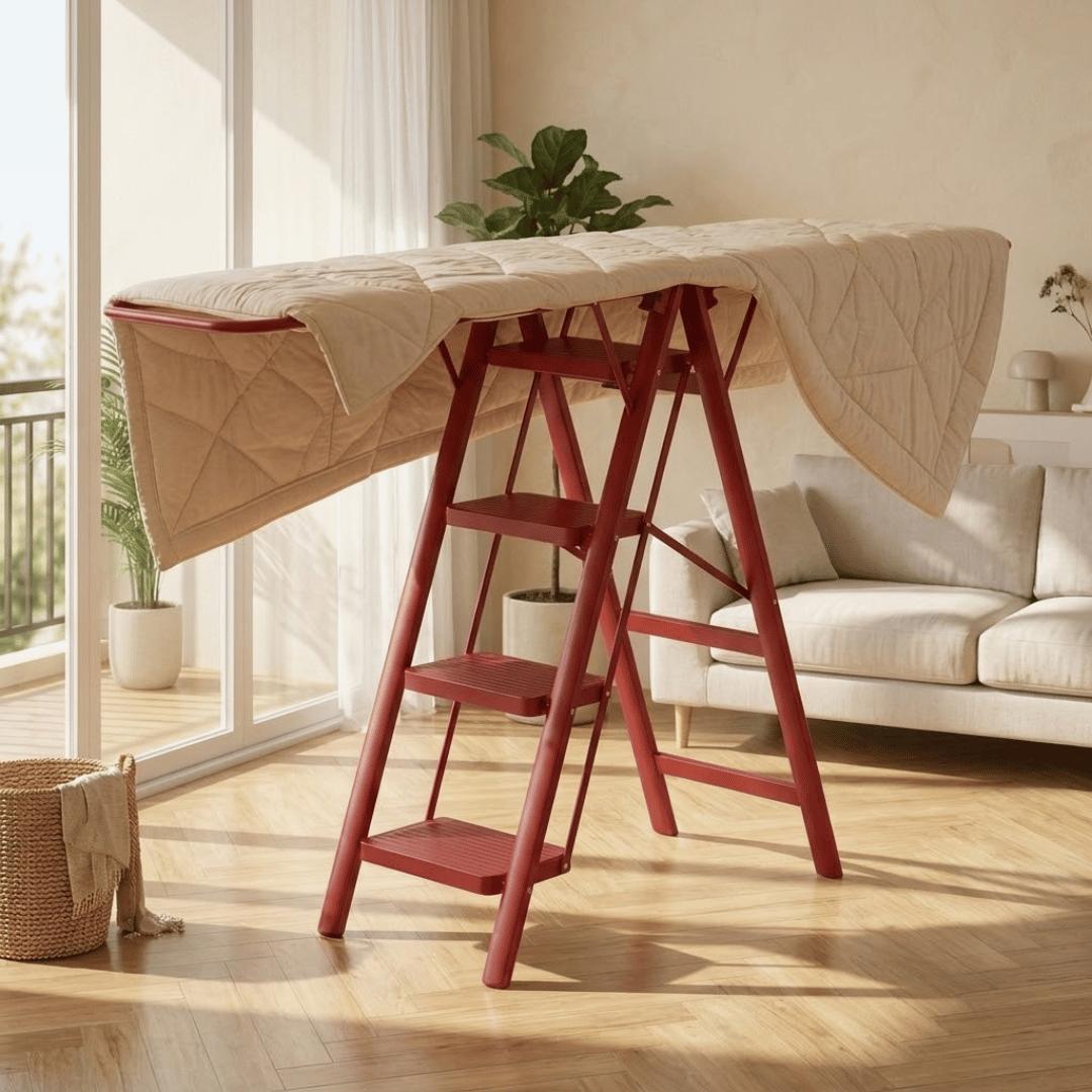 Multipurpose Foldable Steel Step Ladder with Integrated Clothes Drying Rack and Extended Wings
