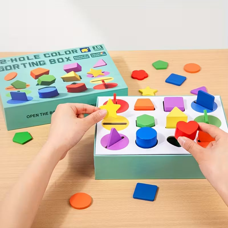 HOMERO Montessori Color Shape Classification Wooden Build Box Toy 10 Hole Set
