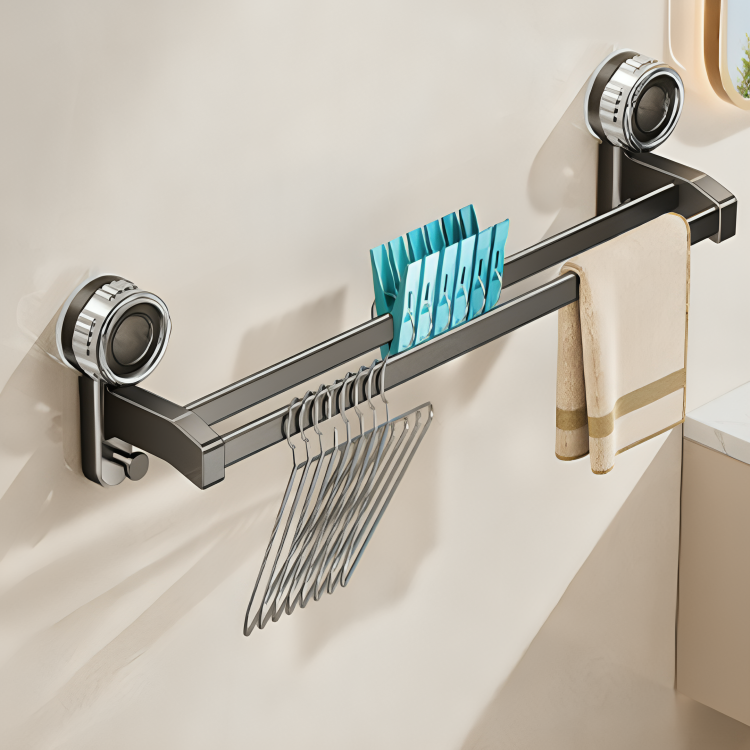 Premium Suction Cup Wide Spacing Aluminum Double Bar Towel Rack