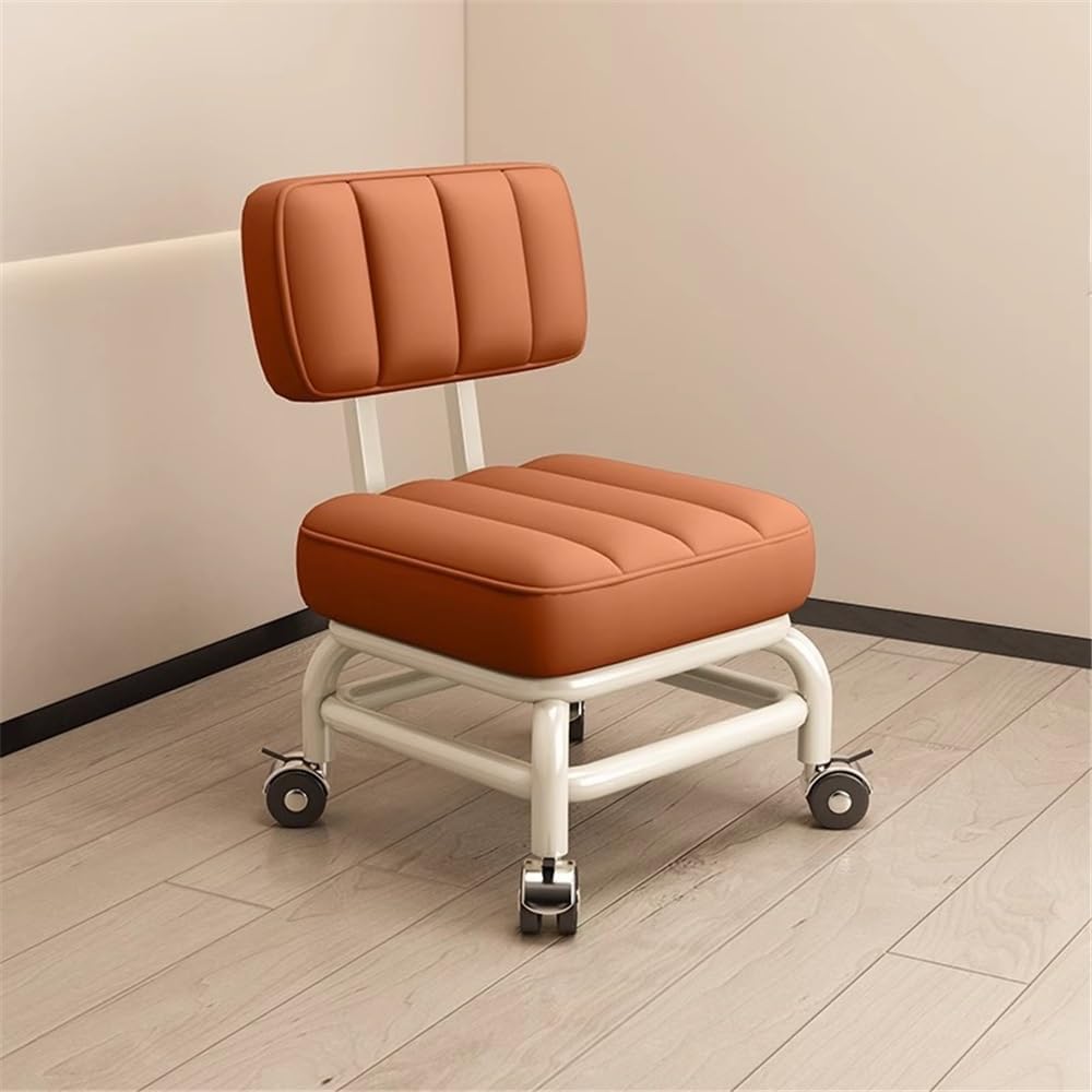 PU Leather Back Support Rolling Stool with 360° Swivel Wheels