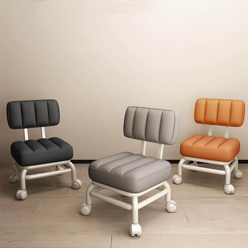 PU Leather Back Support Rolling Stool with 360° Swivel Wheels