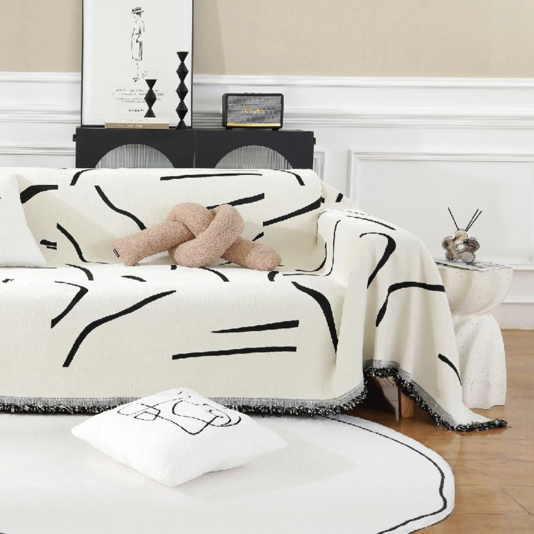 Black Pattern Reversible Chenille Fabric Wrinkle Resistant Throw Sofa Cover