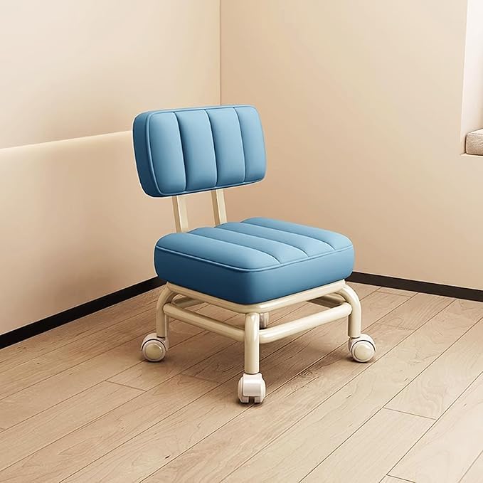 PU Leather Back Support Rolling Stool with 360° Swivel Wheels