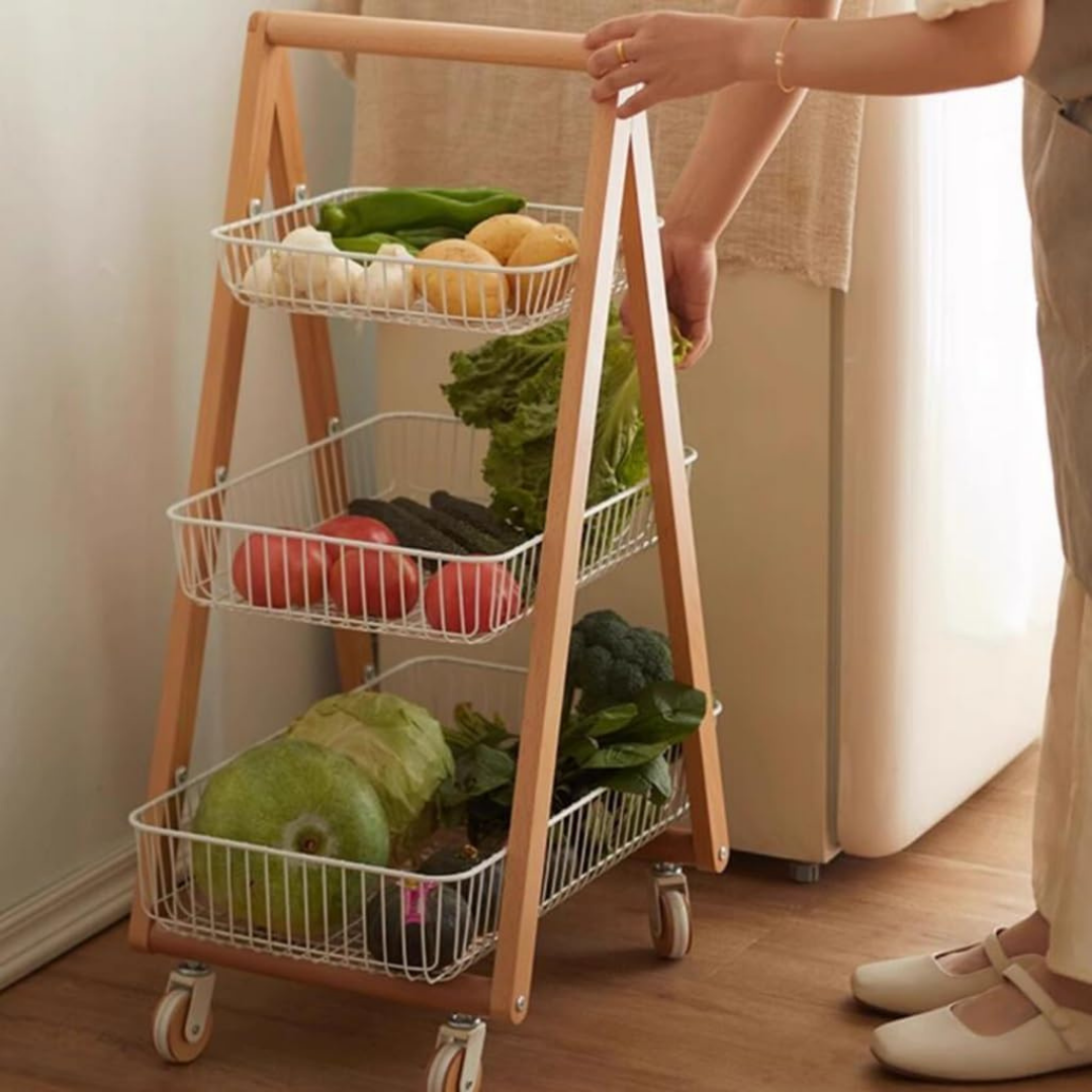 HOMERO 3-Tier Modern Wooden Metal Frame Slim Design Rolling Storage Cart