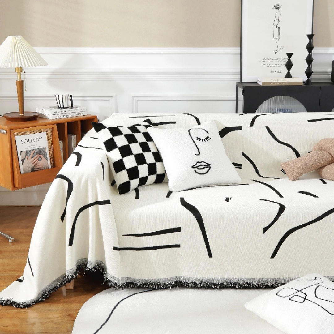 Black Pattern Reversible Chenille Fabric Wrinkle Resistant Throw Sofa Cover