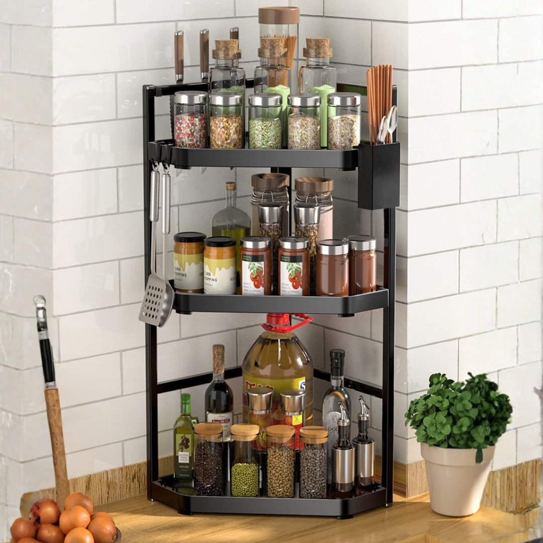 Homero Three-Layer Stainless Steel Kitchen Spice Rack with Safe Knife Slot and Multi-Use Setup