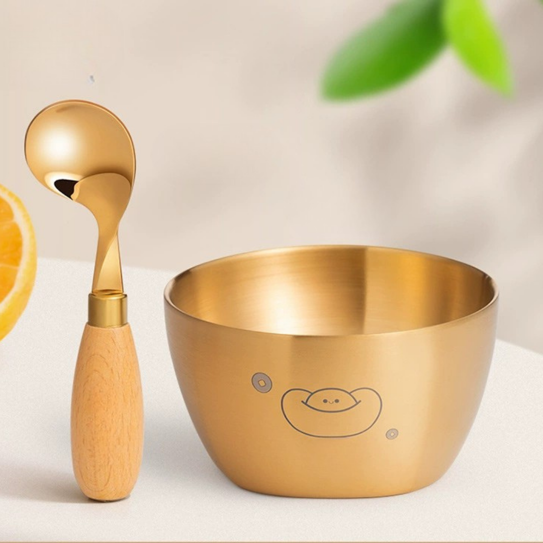 HOMERO Stainless Steel Golden Double Layer Bowl with Spoon - 250ml